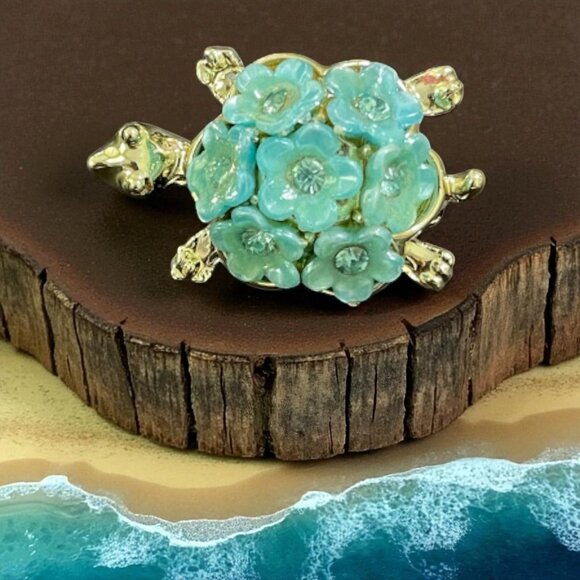Vintage Blue Flower Gold Tone Turtle Brooch 1960s Cute Figural Pin - Picture 15 of 15